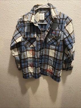 Disney Plaid Button-Down Shirt Jacket in Blue, Cream & Brown